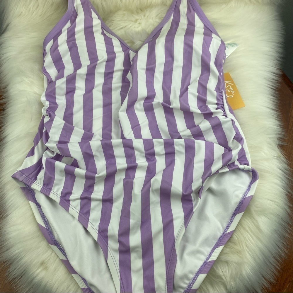 KONA SOL V-NECK OVER THE SHOULDER SWIMSUIT PURPLE AND WHITE SIZE 14W